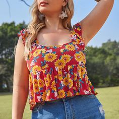 С оборками Со цветочками Бохо Женские топы размер плюс Shein