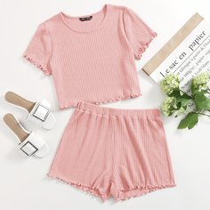 Вязаная футболка и шорты в рубчик Shein