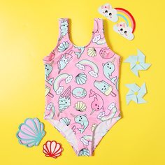 Слитный купальник с мультипликационным принтом для девочек Shein