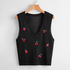 Вязаный топ с узором вишни и v-образным воротником Shein