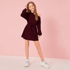 Платье с поясом и асимметричным вырезом для девочек Shein