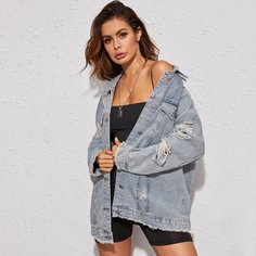 Рваная длинная джинсовая куртка Shein