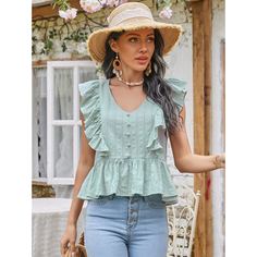 с оборками Одноцветный Бохо Блузы Shein
