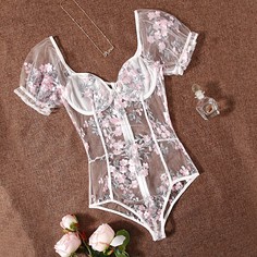 Сетчатое боди на косточках с цветочной вышивкой Shein