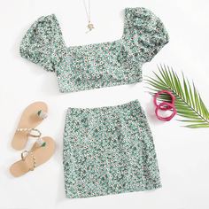 Юбка и топ с пышными рукавами и цветочным принтом Shein