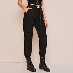 Однотонные брюки карго с поясом и карманом Shein
