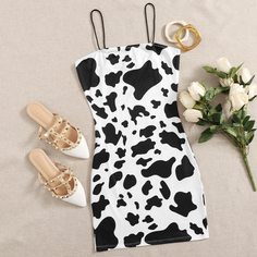 Платье на бретелях с коровьим принтом Shein