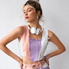 Шерстяной платок с цветными блоками по краю жилета сверху Shein
