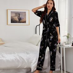 с поясом Растения Элегантный Комплект пижамы Shein