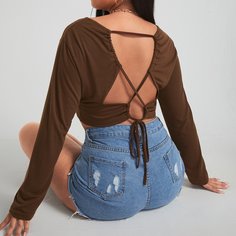 крест на крест Одноцветный Повседневный Футболка размера плюс Shein