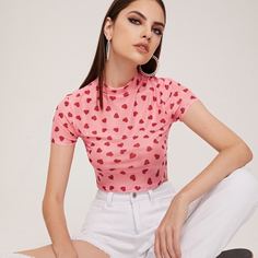 Сетчатый короткий топ с принтом сердца Shein