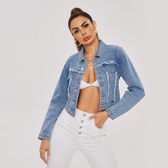 Джинсовая куртка на пуговицах с клапаном Shein
