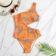 Слитный купальник на одно плечо с лиственным принтом Shein