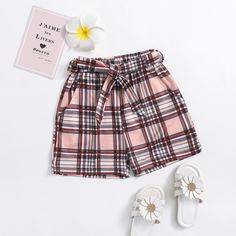 Шорты в клетку с поясом для девочек Shein