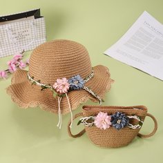 Соломенная сумка и шапка с цветами для девочек Shein