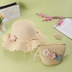 Соломенная сумка и шапка с цветами для девочек Shein
