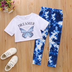 Футболка с принтом бабочки и шорты с принтом тай дай для девочек Shein