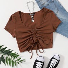 со сборками Одноцветный Повседневный Футболки Shein