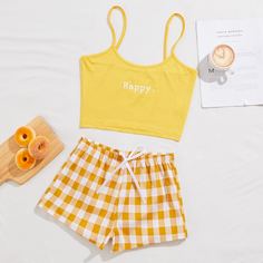 Пижама в клетку с текстовым принтом Shein