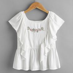 Блузка с цветочной вышивкой и оборкой для девочек Shein