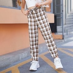 Брюки с поясом и карманом в клетку для девочек Shein