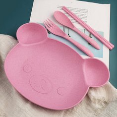 4шт тарелка в форме медведя и столовые приборы Shein