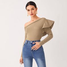 с оборками Одноцветный Элегантный Футболки Shein