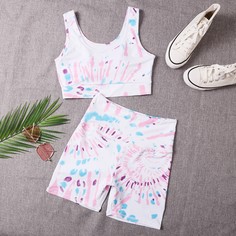 Спортивный бюстгальтер & велошорты с принтом тай-дай и хорошей эластичностью Shein
