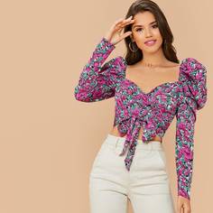 Цветочная блуза с поясом и оригинальным рукавом Shein