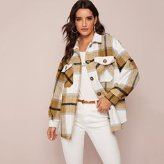Однобортное клетчатое пальто с карманом Shein