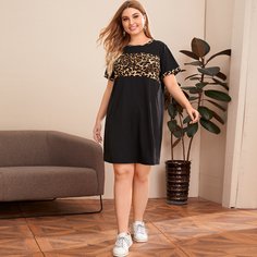 Контрастное леопардовое платье-футболка размера плюс Shein