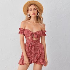 Платье с открытыми плечами, разрезом и узлом Shein