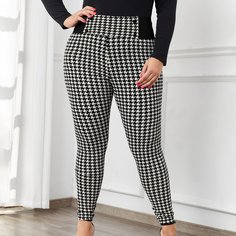 Брюки скинни размера плюс с пуговицами и узором хаундстута Shein