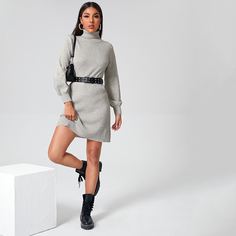 Однотонное платье с высоким воротником без пояса Shein