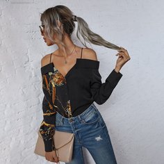 Блуза на пуговицах с открытыми плечами и графическим принтом Shein