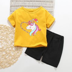 Шорты и футболка с принтом единорога для девочек Shein