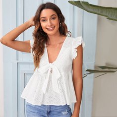 с оборками Одноцветный Бохо Блузы Shein