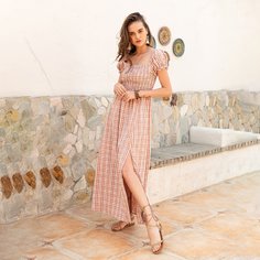 Платье в клетку с пышными рукавами и разрезом Shein