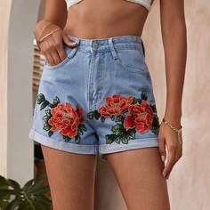 Трехмерные печати Цветочный Джинсовые шорты Shein