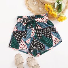 Пояс сводка цветных блоков Бохо Шорты Shein