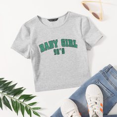 Вязаная футболка в рубчик с текстовым принтом Shein