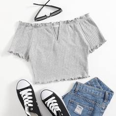 Волнистый край Одноцветный Повседневный Футболки Shein