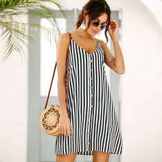 Платье на бретельках в полоску с пуговицами Shein