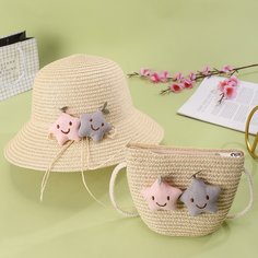Соломенная сумка и шляпа с мультипликационным декором для девочек Shein