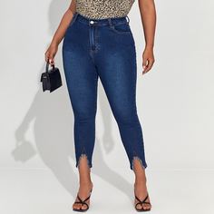 на пуговицах Одноцветный Джинсы размер плюс Shein