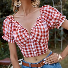 с оборками Клетка Бохо Женские топы Shein