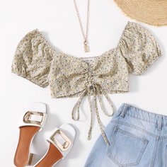 со сборками цветочный Бохо Женские топы Shein