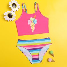 Полосатый милый Купальники для девочек Shein