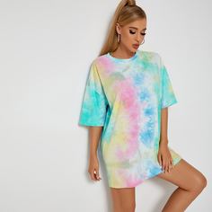 Длинная футболка оверсайз с принтом тай дай Shein