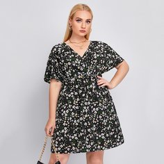 Платье размера плюс с цветочным принтом и v-образным воротником Shein